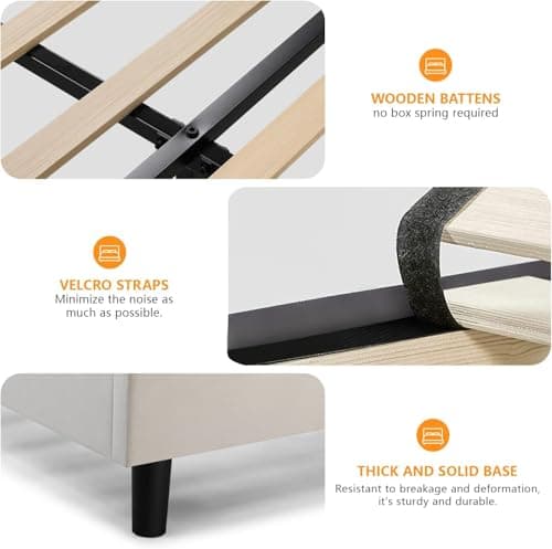 GTRACING Queen Size Bed Frame, Upholstered Platform Bed Frame with USB Type-C Tall Headboard Wingback, Soft Velvet Fabric, No Box Spring Needed, Easy Assembly, Cream 6