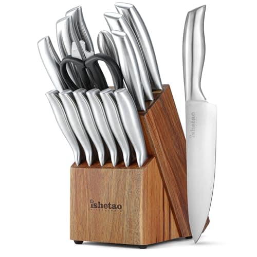 isheTao Knife Sets for Kitchen with Block, 15 Piece Kitchen Knife Set, Ultra Sharp Chef Knife Set for Kitchen, High Carbon Stainless Steel Knife Block Set with Sharpener, Silver