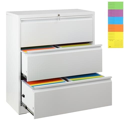 Finnhomy 3 Drawer Lateral File Cabinet with Lock, Metal Filing Cabinets for Home Office, Heavy Duty Storage Cabinet for Hanging Files A4/Letter/Legal Size with 25 Legal folders, Assembly Required
