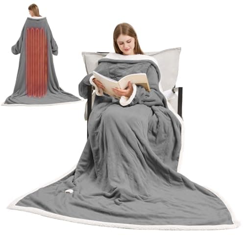 Meshoufu Heated Blanket, 55"×80" Wearable Electric Blanket with Sleeves, Sherpa Snuggle Throw Blanket, Warm Gift for Grandma, Mom, Dad, (Grey)