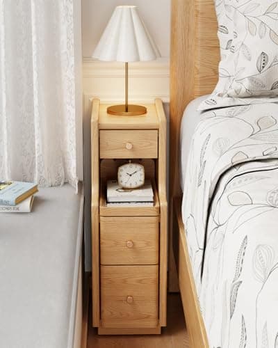 Narrow Nightstand with 3 Drawers,Solid Wood Narrow Bedside Table Natural, Modern Skinny Nightstand for Bedroom(Fully Assembly)