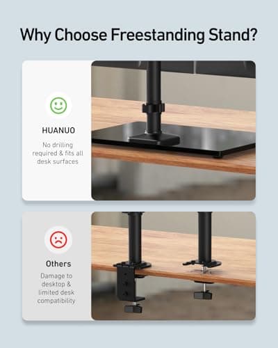 HUANUO Freestanding Dual Monitor Stand, 32 Inch Dual Monitor Mount for 2 Screens, Holds up to 19.8 lbs per Arm, Gaming Monitor Arm Riser with Tempered-Glass Base, Tilt, Swivel, Rotation, Black 7