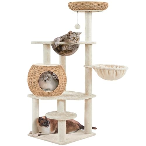 Yaheetech 54in Rattan Cat Tree, Modern Tower with Breathable Woven Condo, Scratching Posts & Washable Cushions, Naturally Cool in Summer, Cute Furniture for Indoor Cats