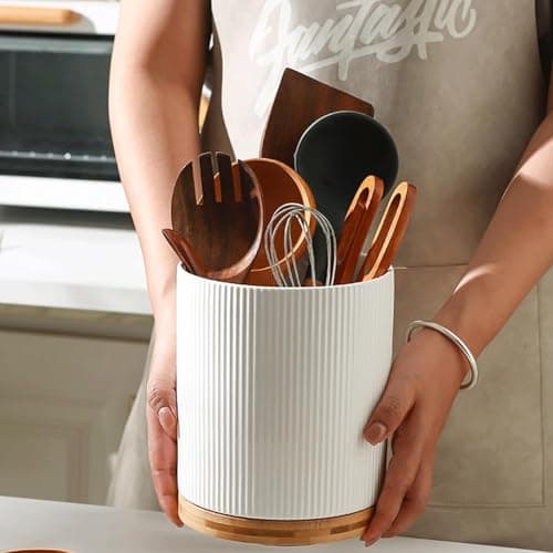 KSENDALO Large 360° Rotating Utensil Holder, Cream White 7.76" Premium Kitchen Crock for Cooking Utensils, Durable Countertop Storage for Home Kitchen 5