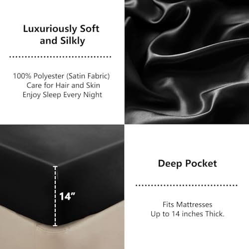 CozyLux Satin Fitted Sheet Queen Size, Black Silky Satin Bed Fitted Sheet Only with Microfiber, Deep Pocket, Single Bottom Sheet Sold Separately, Breathable, Smooth and Soft 5