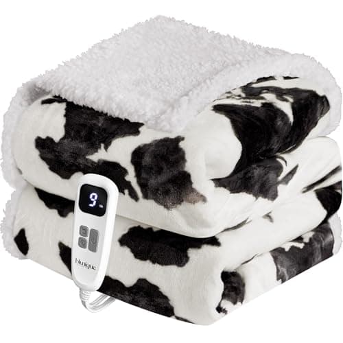 blunique Heated Blanket Throw Electric Blanket – Fast Heating Blanket with 10 Heat Settings & 10 Hours Auto Off, Cow Print Blanket Cozy Soft Fleece Sherpa, Washable, Warm Gifts for Grandma