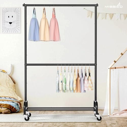 MISSLO Heavy Duty Clothing Racks for Hanging Clothes Rack Double Rod Garment Rack Rolling Closet Wardrobe Rack on Wheels, Metal, Adjustable, Black 8