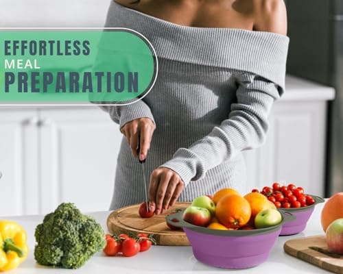 Ultimate Kitchen Strainers Set of 2 - Collapsible Silicone Colanders For Easy Storage by Comfify - Use with Pasta & Veggies or as a Fruit or Berry Bowl with Strainer - Irreplaceable for Campers-Purpel 5