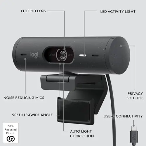 Logitech Brio 500 Full HD Webcam with Auto Light Correction, show Mode, Dual Noise Reduction Mics, Webcam Privacy Cover, Works with Microsoft Teams, Google Meet, Zoom, USB-C Cable, Streaming -Graphite 8