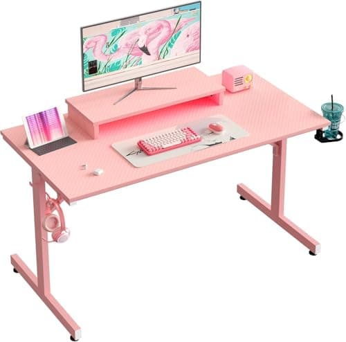 Bestier 42 inch Pink Gaming Desk with Monitor Stand, LED Computer Desk, Gamer Workstation with Cup Holder & Headset Hooks, Modern Simple Style Desk for Girls Kids 8