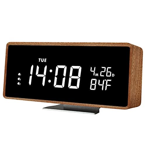 SCOAGE Wooden Digital Alarm Clock with Bluetooth Speaker Temperature Date Smart Electric Digital Bedside Clocks Night Light Table Snooze Large Display Alarm Clock Decor for Desk Bedroom Kid' s Room 8