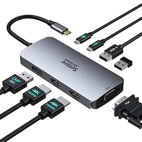 USB C Docking Station Dual HDMI Monitor Adapter, Selore USB C Hub 3 Monitors with Dual HDMI, Displayport, VGA, 100W PD Charging, 3USB 2.0 Ports Adapter for Dell XPS, HP, Lenovo, etc