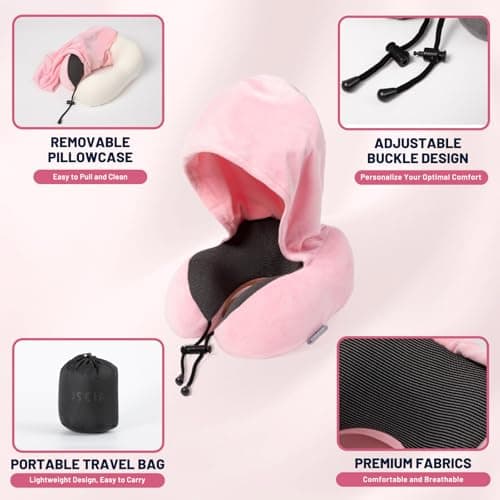 JSELF Travel Pillow with Hood, Neck Pillow for Airplane, Hooded Neck Pillow for Travel, Long Flight, Car, Plane, Office, Sleeping, 100% Pure Memory Foam Head Chin Support Airplane Pillow - Pink 5