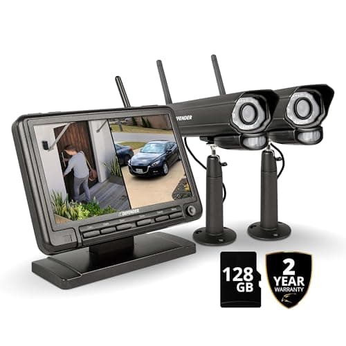 Defender PHOENIXM2 Non-WiFi Plug-in Power Security Cameras- for Home & Business Surveillance Indoor & Outdoor Bullet Cameras with 7 Inch LCD Display Monitor + 2 Year Warranty & 128GB (2 Cameras)