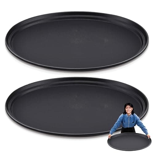 2 Pcs Large Restaurant Serving Trays 24" x 29" Oval Plastic Food Serving Tray Non Slip Rubber Lined Black Serving Tray for Cafeteria (2)
