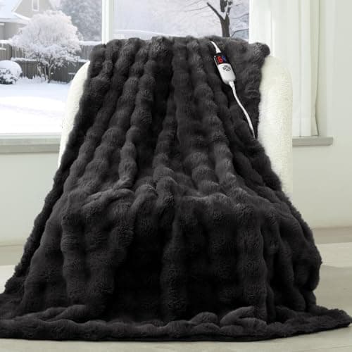 VELLUBAM Faux Fur Heated Blanket Throw Dark Grey - Luxury Fluffy Rabbit Bubble Electric Blanket with 6 Heating Levels, 4 Time Settings, Ideal Gift for Women, Machine Washable (50"x60")