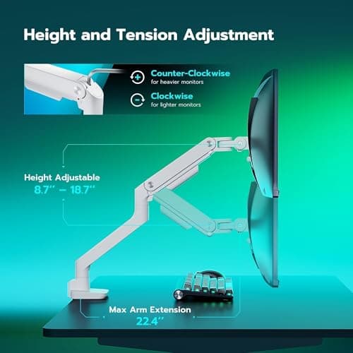 ARES WING Ultrawide Monitor Arm White for 17 to 49 Inch Heavy Duty Curved Screen, Holds 44 Lbs, Adjustable Gas Spring Monitor Arm Desk Mount with C Clamp, Grommet Base, 75/100 Vesa Mount 7