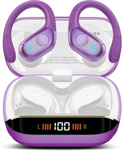 Qecnato Wireless Earbuds Bluetooth 5.4 Headphones 75H Stereo Deep Bass Sports Over Ear Buds with Earhooks, LED Display Bluetooth Earbuds with 4 ENC Mic, IP7 Waterproof Earphone for Running,Dark Purple
