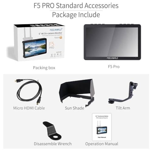 FEELWORLD F5 Pro V4 6 Inch Touch Screen DSLR Camera Field Monitor with 3D LUT F970 External Kit Install for Power Wireless Transmission IPS FHD1920x1080 4K HDMI Input Output 5V Type-c Input Tilt Arm 9