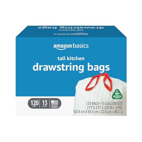 Amazon Basics 13 Gallon Tall Kitchen Drawstring Trash Bags, Unscented, 10% Post Consumer Recycled, 120 Count, White