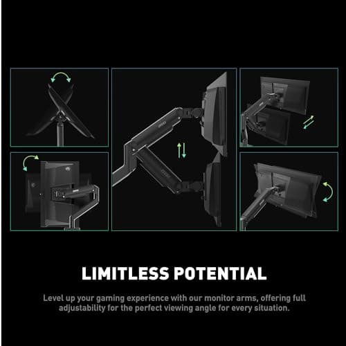 MSI MAG MT201 - Premium Heavy Duty Single Monitor Stand Arm, Supports 17-49" Screens and 44 lbs, VESA Compatible, Adjustable Spring Assisted Mount, Clamp & Grommet, Quick Release Plate - Black 7