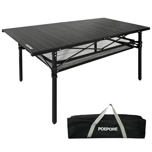 POEPORE Large Folding Camping Table Aluminum with Storage for 4-6 People 55"X27.5" Roll Up Tall Outdoor Portable Table Lightweight with Carry Bag for Picnic BBQ Backyard Beach