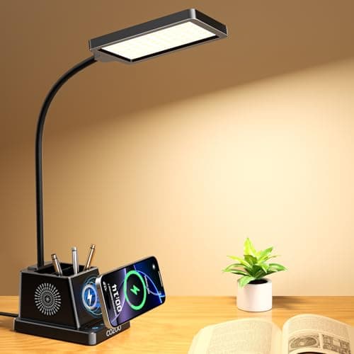 cozoo LED Desk Lamp for Home Office, 15W Bright Desk Light with Wireless Charger Pen Holder, Gooseneck Small Table Lamp for Bedroom, Study, Reading, Work, Task, Craft, College Dorm Room Accessories