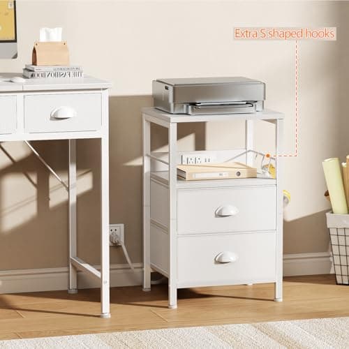 Furologee End Table with Charging Station, Nightstand with Fabric Drawers, Side Tables with USB Ports & Outlets, Night Stand with Storage Shelf & Hooks, for Living Room/Bedroom, White 7