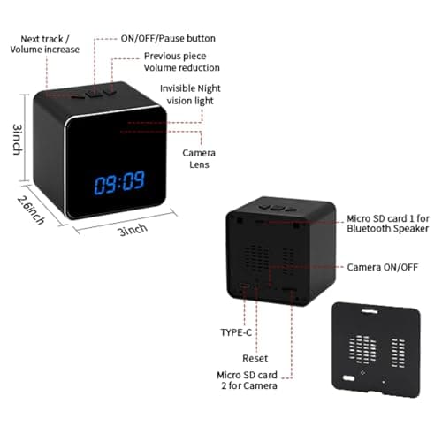 Yuehetian Hidden Camera Bluetooth Speaker, 4K HD WiFi Hidden Cameras Clock with Video Night Vision Motion Detection, Clock Camera Spy Cam, Hidden Cameras for Home Security Indoor 6