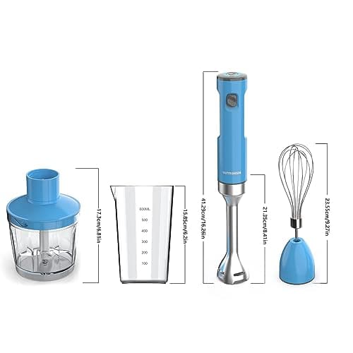 Cordless Hand Blender, OUTRONSM Immersion Blender Rechargeable, with Charging Cable, 500ml Chopper, 600ml container, Egg Whisk, for Smoothies, Milkshakes, Baby Food and Soups – Blue 7