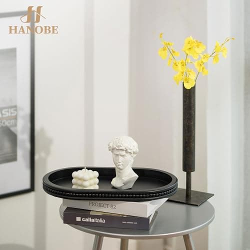 Hanobe Decorative Trays for Coffee Table : Black Oval Centerpiece Tray Wood for Farmhouse Entry Table Decor Round Bathroom Tray for Living Room Kitchen Counter 7