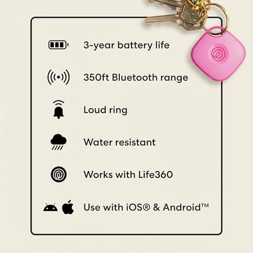 Life360 Tile - Bluetooth Tracker, Keys Finder and Item Locator for Keys, Bags and More. Phone Finder. Both iOS and Android Compatible. 1-Pack (Pink Punch) 8