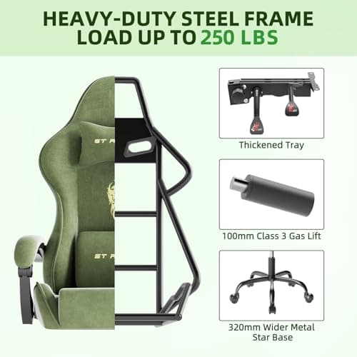 Ferghana Velvet Fabric Gaming Chair, High Back Ergonomic Gamer Chair for Adult, Comfortable Video Game Chair with Footrest and Massage Lumbar Cushion, Racing Reclining Office Computer Desk Chair Green 8