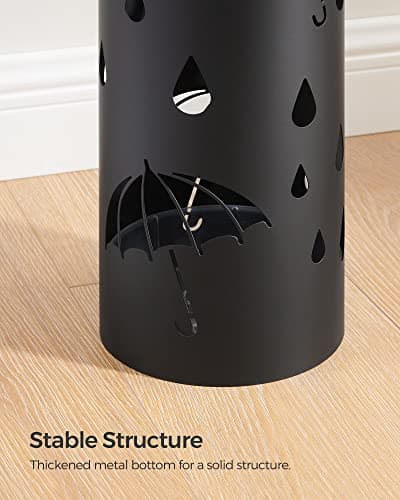 SONGMICS Umbrella Stand, Metal Umbrella Holder for Entryway, with Water Tray and 4 Hooks, 6.7 x 6.7 x 16.1 Inches, Round, Ink Black ULUC024B01 8