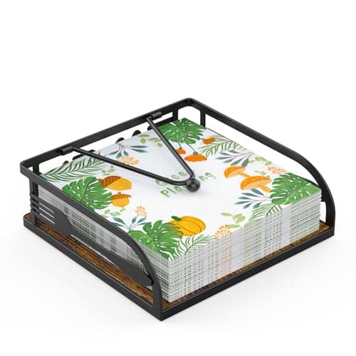 Napkin Holder for Table, Flat Napkin Holders with Weighted Arm, Wooden Kitchen Napkin Dispenser for Kitchen & Outdoor Dining Cocktail Picnic Bar Room Party Decor,Torched Wood and Black