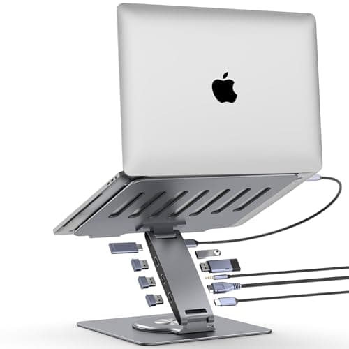 Adjustable Laptop Stand for Desk with Docking Station 9-in-1, Aluminum Laptop Riser with USB Hub, 360° Swivel, Dual Display 4K60Hz HDMI, 3 USB3.0, 100W PD Charging, for MacBook Pro Air/Dell/HP 7-15.6"