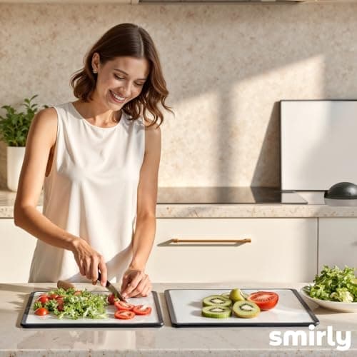 SMIRLY Plastic Cutting Board Set with Holder 3 Pieces, Non-Slip Dishwasher Safe Chopping Boards for Kitchen, Black & White 9