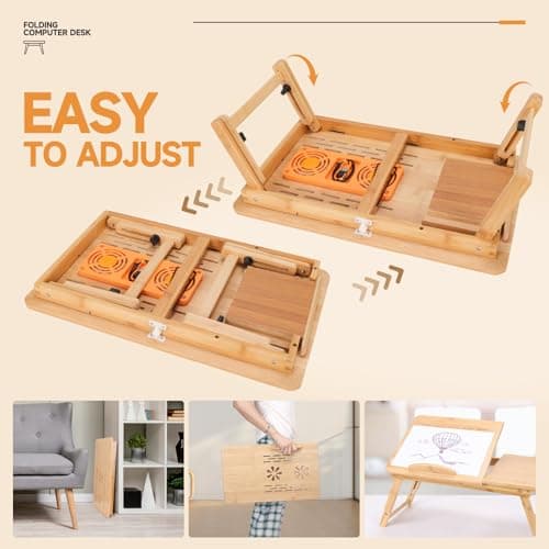 JELNER Adjustable Bamboo Laptop Desk with Cooling Fan, Foldable Bed Tray for Breakfast, Writing, and Drawing, with Tilting Top and Drawer, Portable Lap Desk for Bed, Sofa, and Floor. 7