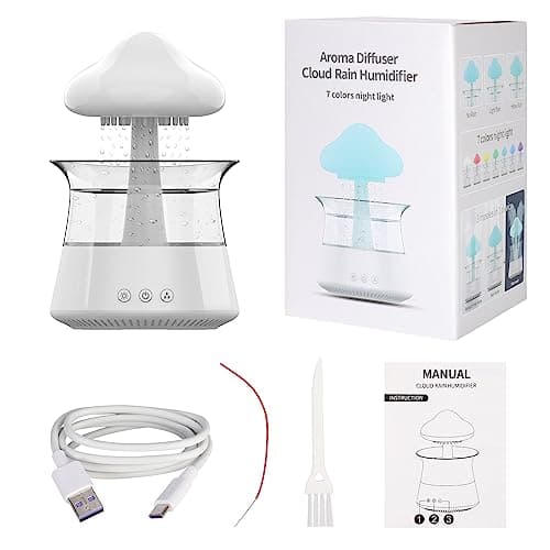 cjc Cloud Rain Humidifier for bedroom with Soothing Rain Sounds Sleep Aid, Waterfall Night Light, Mushroom Design Air Moisturizer，Room Decor Aesthetic for living room (White) 9