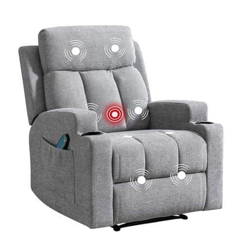 Phoenix Home Manual Recliner Chair with Massage and Heat Ergonomic Overstuffed Breathable Fabric Reclining Chair with 2 Side Pockets, 2 Cup Holders, Remote Control, Living Room, Bedroom, Gray