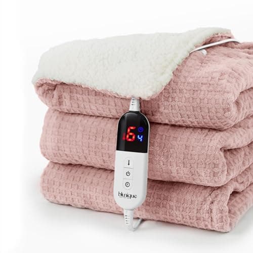 blunique Heated Blanket Electric Throw Waffle, 50x60 Inches Sherpa Fleece Fast Heating Blanket 6 Heating Levels & 4 Hours Auto Off ETL Certification, Pink Throw