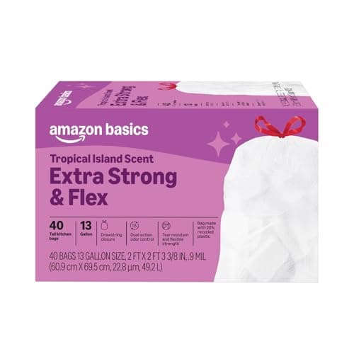 Amazon Basics Extra Strong & Flex Tall Kitchen Drawstring Trash Bags, Tropical Island Scent, 13 Gallon, 40 Count