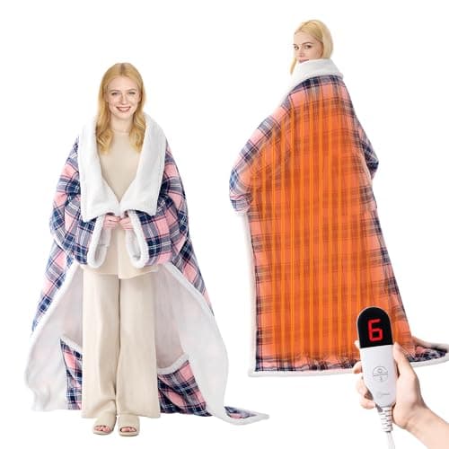 PTQ Electric Heated Blanket Wearable Throw with Foot Pocket & Front Pouch – 6 Heat Settings, 4H Auto-Off, Reversible Flannel & Sherpa, Oversized 52"x72" Heated Blanket for Bed or Couch, Pink Plaid