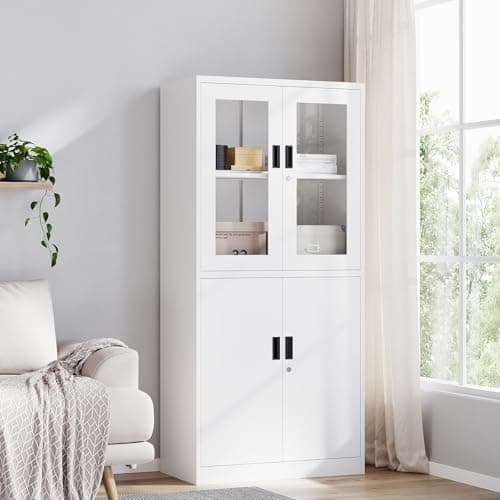 Yizosh Metal Storage Cabinet with Glass Doors - 71" Locking Display Cabinet with 2 Adjustable Shelves, 4-Tier Tall Steel Locker for Kitchen, Living Room, Dining Room (White) 6