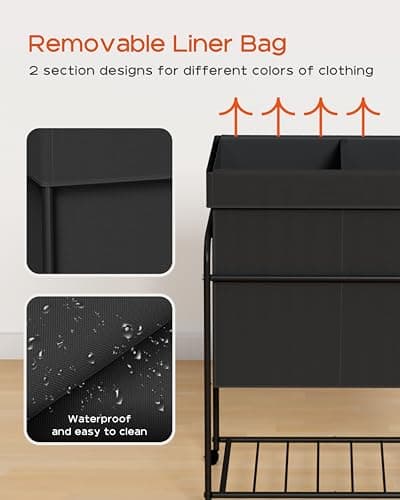 CASAMAYA Laundry Basket with Wheels, 2-Section Rolling Laundry Hamper, Laundry Sorter with Removable Liner, Steel Frame with Handle, 95L, 23.6 x 13 x 25.2 Inches, Black, LHC120B01 5