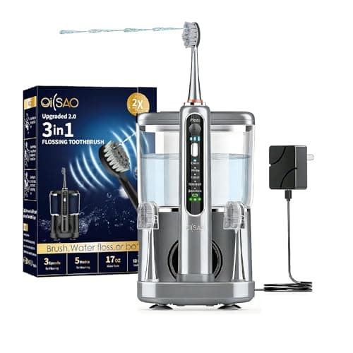 OILSAO Electric Toothbrush with Water Flosser Combo in One,Professional Flossing Toothbrush for Teeth Cleaning and Flossing,Plaque Removal, Rechargeable,5 Brush Modes & 3 Flossing Speeds,500ML,Gray