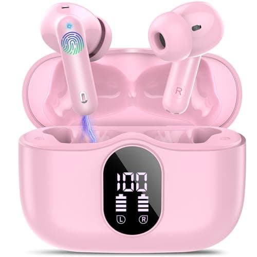 Btootos Wireless Earbuds, Bluetooth 5.4 Headphones Bass Stereo, Ear Buds with Noise Cancelling Mic, IP7 Waterproof in Ear Earphones, 36H LED Display Bluetooth Earbuds for Laptop Pad Phones, Deep Pink