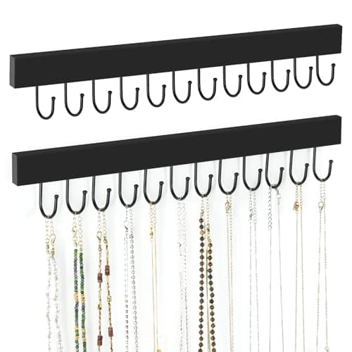 ZEDODIER 2 Pack Necklace Organizer Wall Mount, Wooden Jewelry Hanger Necklace Holder with 24 Hooks,Hanging Jewelry Organizer, Black