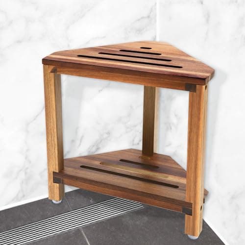 IBosins Corner Shower Stool with Storage Shelf Shower Foot Rest for Shaving Legs Small Bench for Inside Shower to Sit on Bath Seat - Acacia Wood