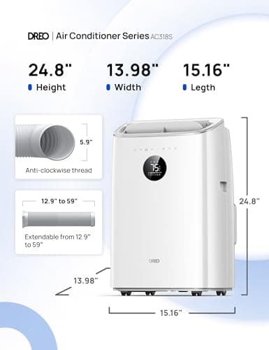 DREO Portable Air Conditioners, 8000 BTU ASHRAE (5000 BTU DOE) Smart AC Unit for Bedroom with Drainage-free Cooling, 45dB Quiet, APP/Voice/Remote, Portable AC for Room Indoors, AC318S 12